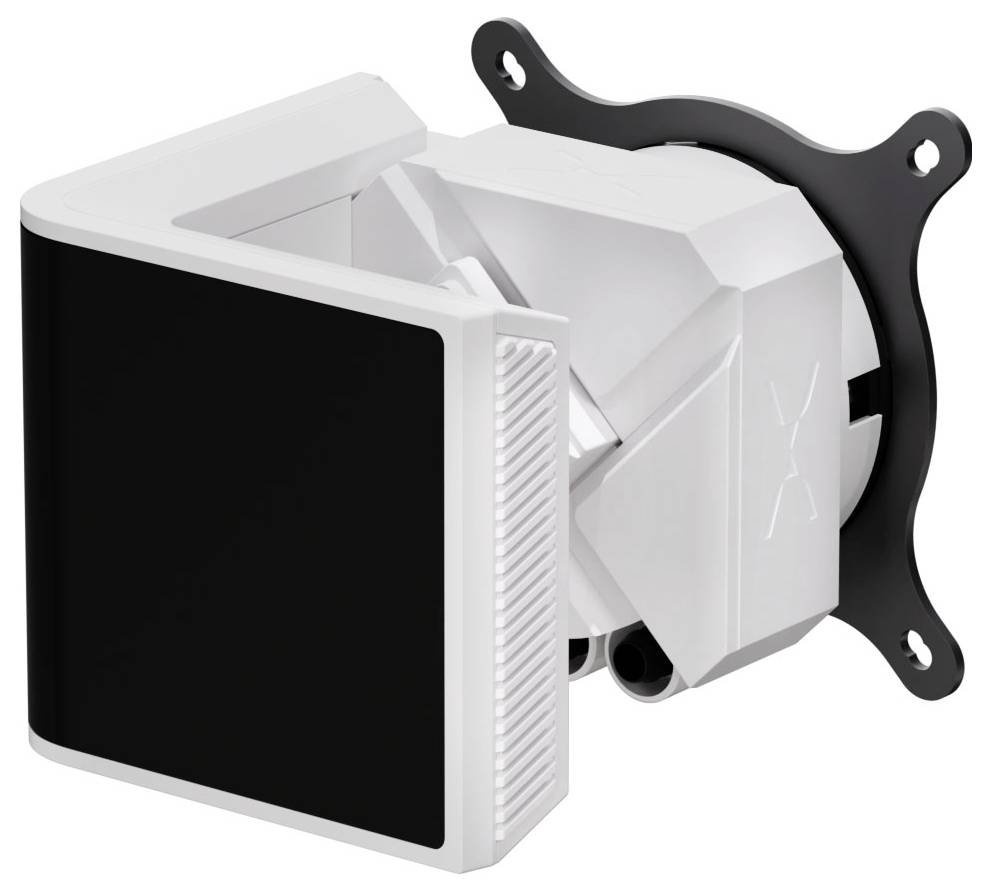 Eine futuristische, schwarz-weiße mechanische Komponente mit einer gebogenen rechteckigen Front und mehreren Verbindungspunkten, an einem Halterungsträger montiert.