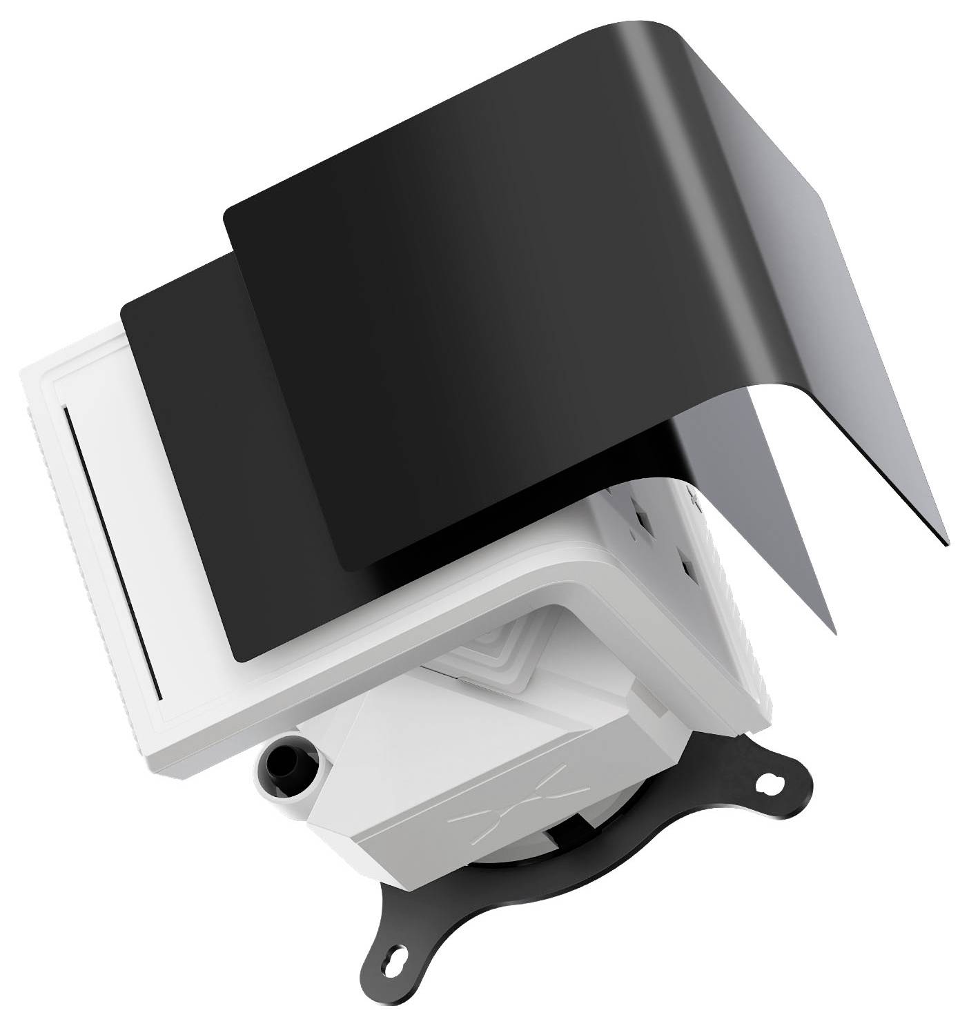 Ein kompaktes, kastenförmiges elektronisches Gerät mit belüftetem Schutzschild, das auf einer Schwenkhalterung montiert ist, möglicherweise für Außensensor-Anwendungen.