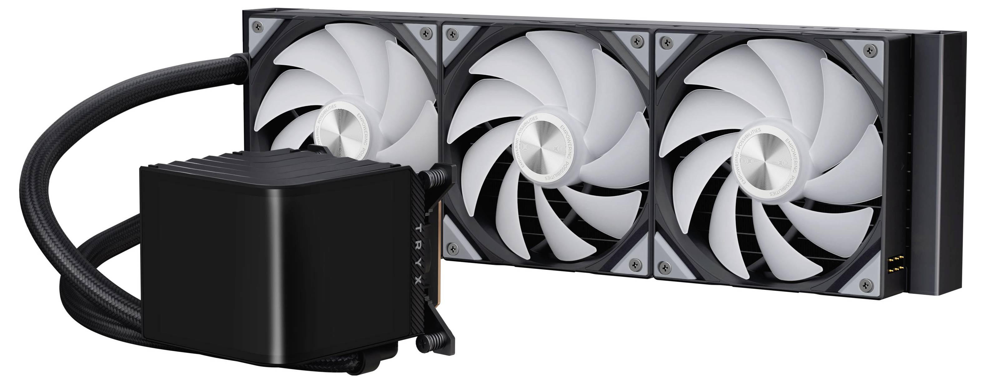 Ein Flüssigkeitskühler für die CPU mit drei weißblättrigen Lüftern, die auf einem schwarzen Kühler montiert sind und über Schläuche mit einer schwarzen Kühlpumpe verbunden sind.