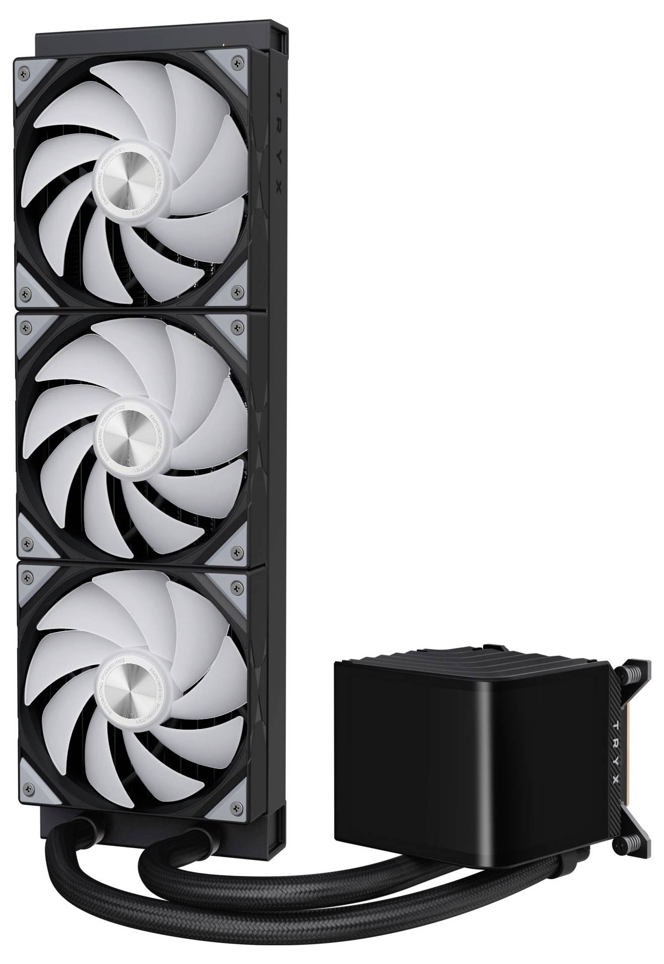 Ein Flüssigkeitskühler für CPUs mit drei großen Lüftern und einer schwarzen Kühlrippe, entwickelt für effiziente Wärmeableitung in Computersystemen.