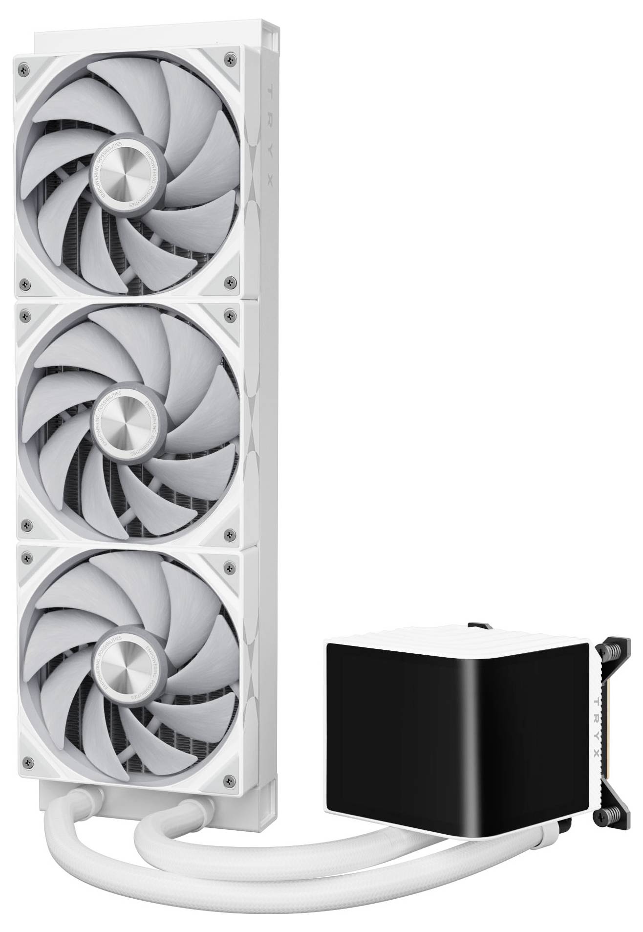 Ein Computerkühsystem mit einem schwarz-weißen Radiator, ausgestattet mit drei Lüftern und einem angeschlossenen Kühlblock, konzipiert für High-Performance-PCs.