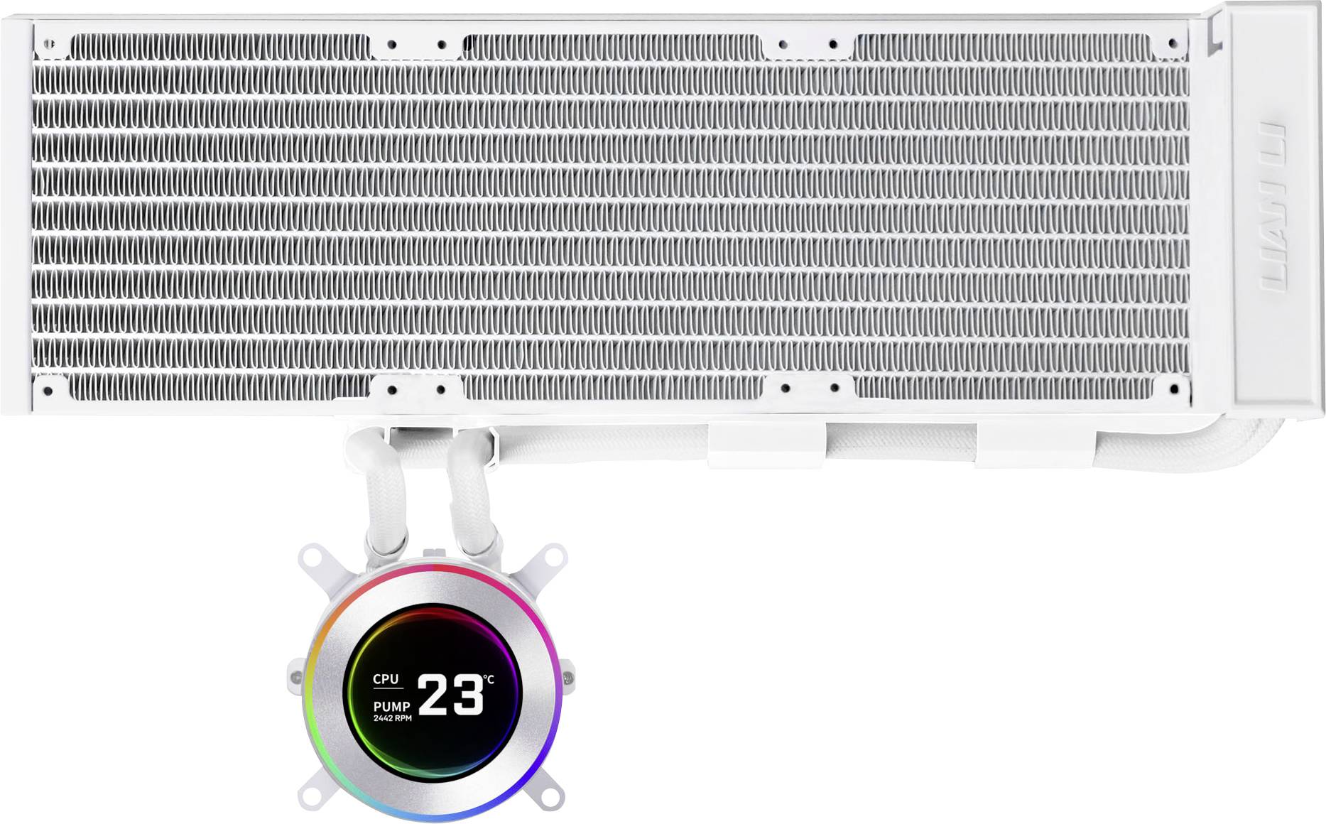 Ein weißer Computer-Radiator mit RGB-LED-Anzeige, die '23°C CPU Pump' zeigt. Die Anzeige ist kreisförmig und mit Rohrleitungen verbunden.