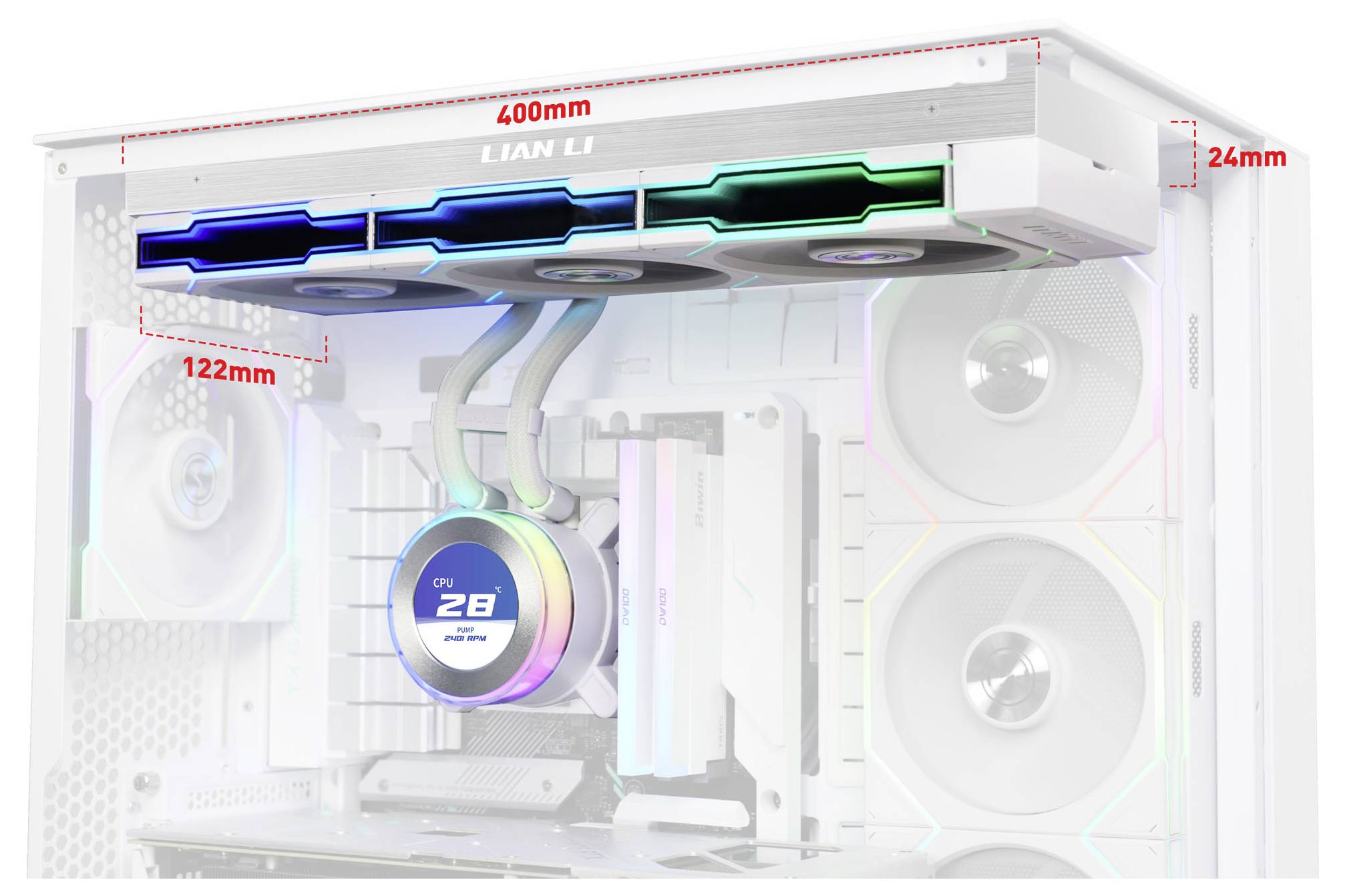 Computerkühllüftersystem in einem weißen Gehäuse mit RGB-Beleuchtung. Abmessungen: 400 mm Breite, 122 mm Höhe, 24 mm Tiefe.