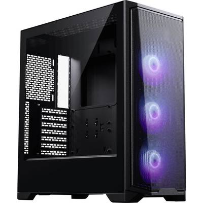 Ein schwarzes Computer-Gehäuse mit transparentem Seitenfenster und drei frontal angeordneten Kühlventilatoren, die blaues und lila Licht ausstrahlen.