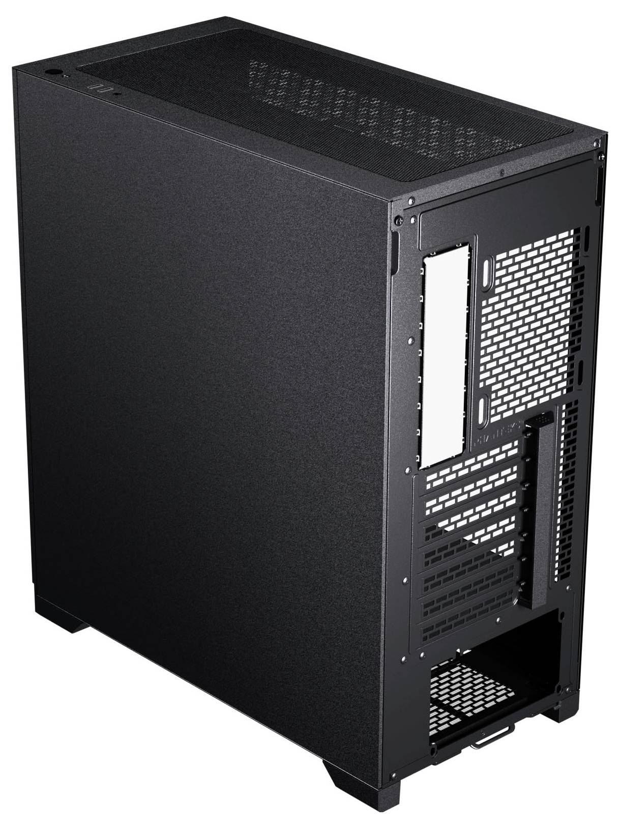 Ein schwarzes Computergehäuse mit Lüftungsgittern, das mehrere Anschlüsse und Erweiterungsslots auf der Rückseite aufweist und aufrecht steht.