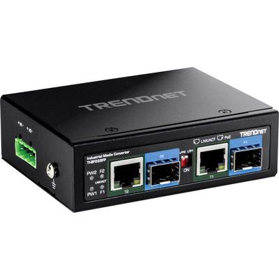 Ein industrieller Medienkonverter mit 'TRENDnet' Branding auf der Oberseite, ausgestattet mit zwei Netzwerkanschlüssen, einem Stromanschluss und LED-Anzeigen.