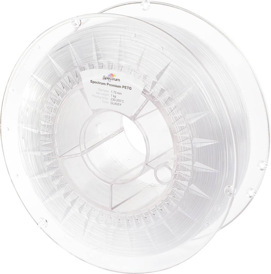 Eine klare Spule Spectrum Premium PETG 3D-Druckfilament, 1,75 mm dick, mit einem Gewicht von 1 kg, einem Temperaturbereich von 220-250°C und glänzender Oberfläche.