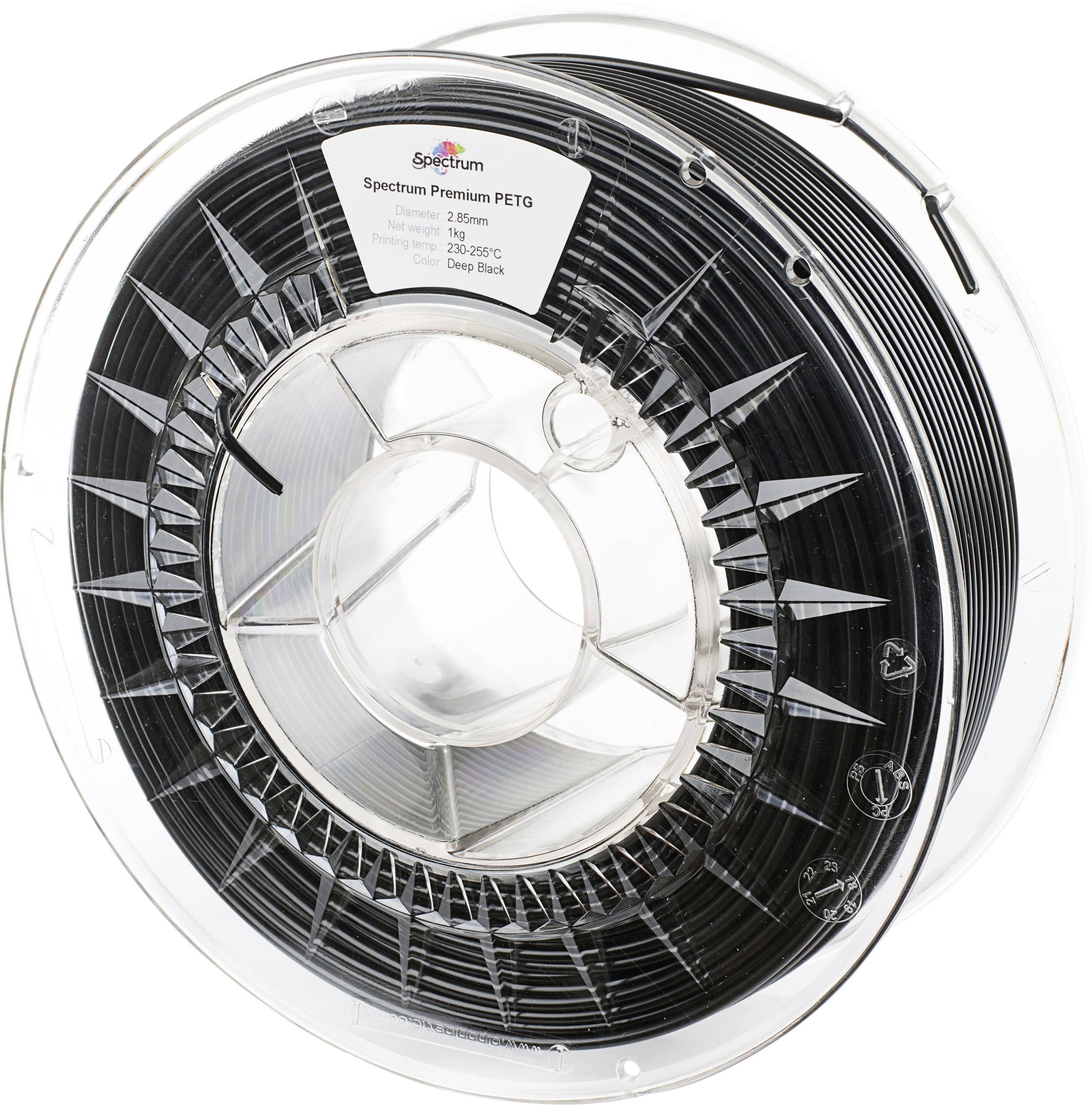 Eine Rolle schwarzes 3D-Druckfilament mit der Bezeichnung 'Spectrum Premium PETG'.
