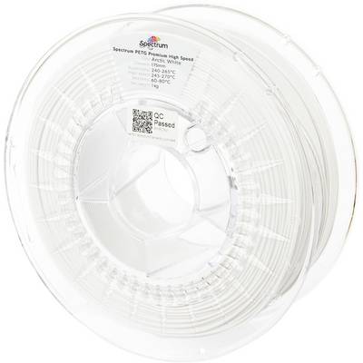 Eine Spule mit transparentem 3D-Druckfilament, beschriftet mit 'Spectrum PETG Premium High Speed', mit sichtbaren Spezifikationen und einem 'QC bestanden' Etikett.