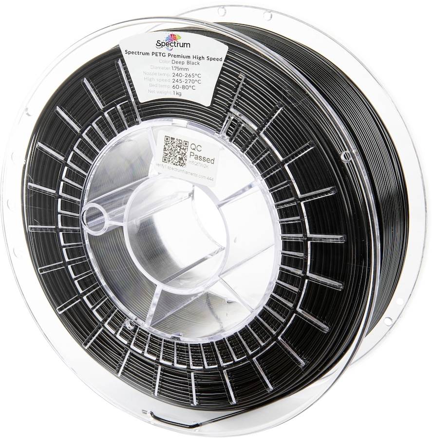 Eine Spule schwarzes 3D-Druckerfilament mit der Aufschrift 'Spectrum PETG Premium High Speed'. Temperaturbereich: 230-250°C, Druckbett: 65-80°C.
