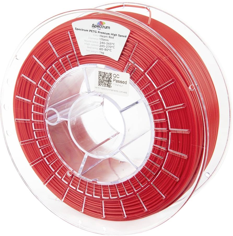 Eine Spule rotes PETG-Filament zum 3D-Druck, beschriftet mit 'Spectrum PETG Premium High Speed', geeignet für 230-250°C, Druckbett 50-70°C.