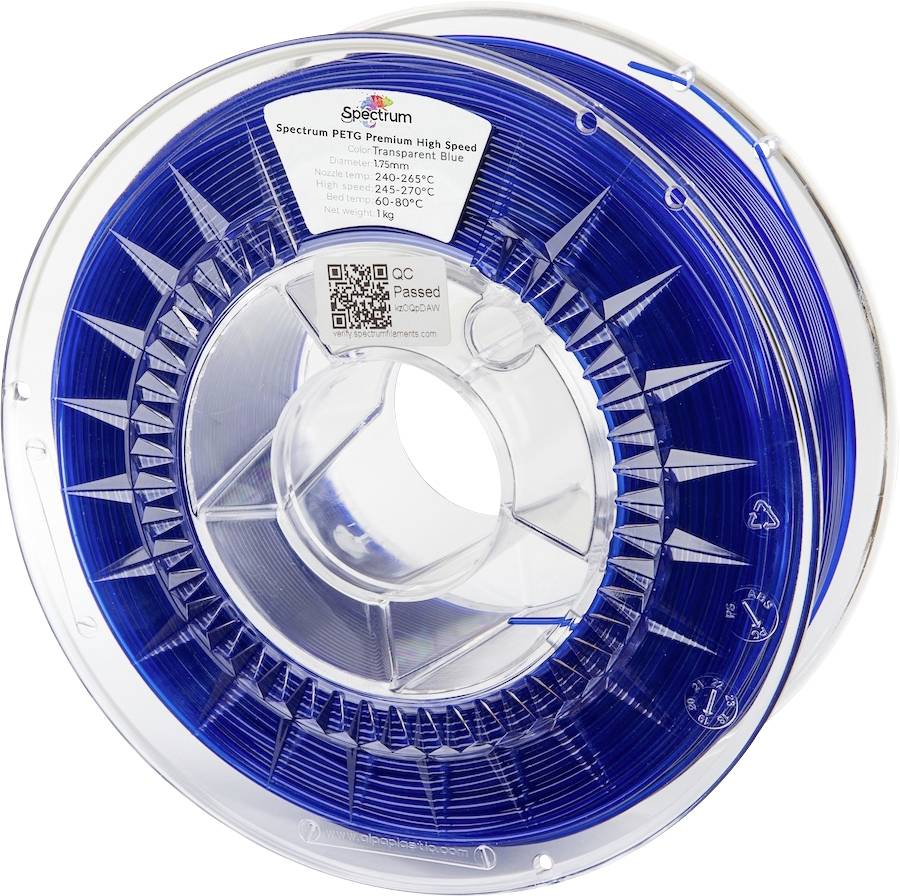 Spectrum Filaments 81550 PETG Premium High Speed Filament PETG Highspeed filament, Chemisch bestendig 1.75 mm 1000 g Transparent Blue, Blauw 1 stuk(s)