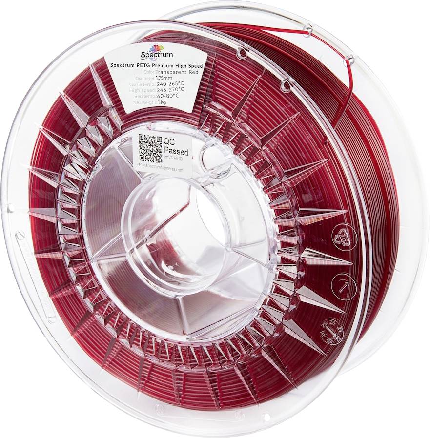 Eine Rolle rotes PETG-Filament mit der Bezeichnung "Spectrum PETG Premium High Speed Transparent Rot", versehen mit Temperaturspezifikationen und einem Qualitätskontrolle-Bestanden-Etikett.