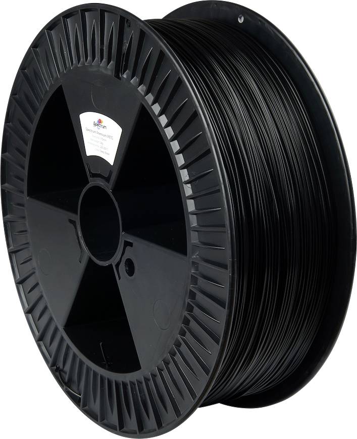Eine schwarze Spule mit 3D-Druckerfilament, die ein Logo und Text mit Produkttyp und Spezifikationen trägt.