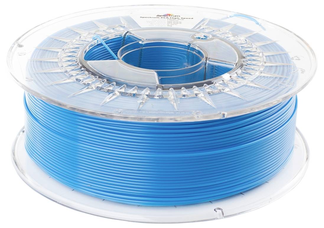 Eine Spule blaues 3D-Druckerfilament, aufgewickelt und einsatzbereit, mit einer transparenten Kunststoffspule.