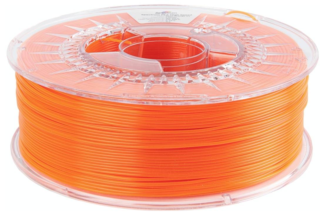 Orangefarbene Spule von 3D-Druckfilament, eng gewickelt, mit deutlich sichtbaren Schichten in einer transparenten Plastikbox.