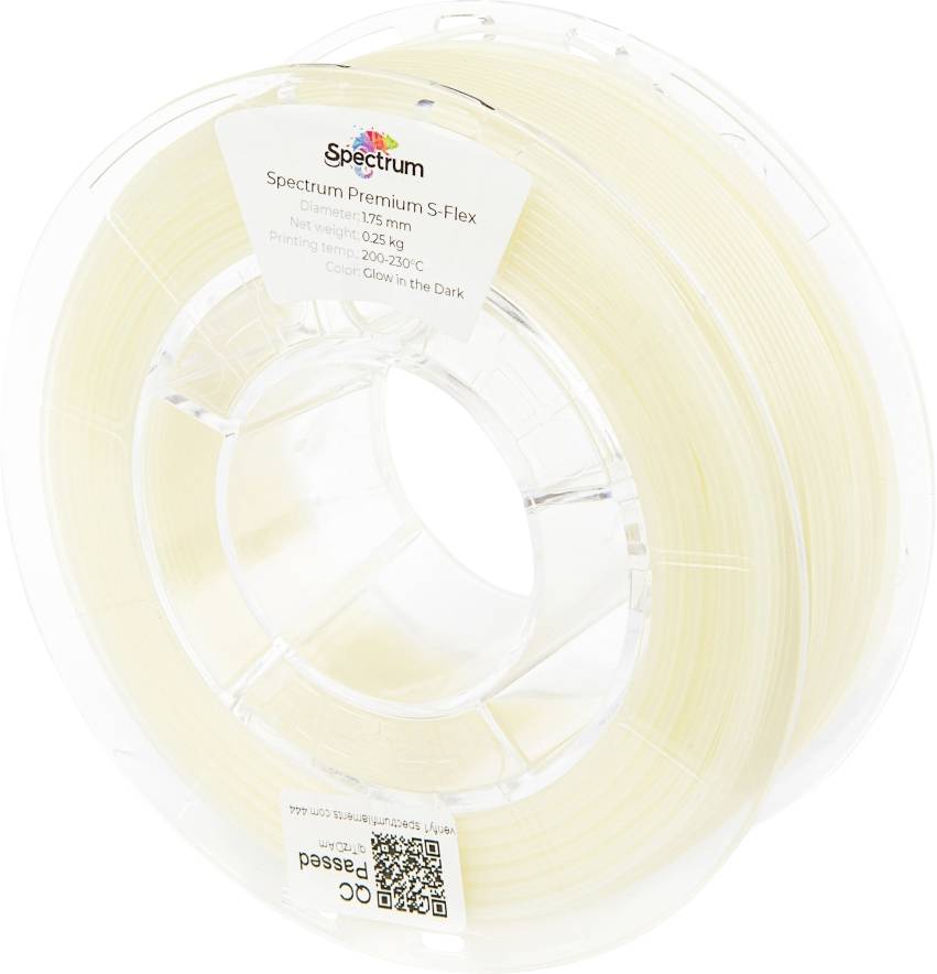 3D-Druckerfilamentspule mit der Bezeichnung 'Spectrum Premium S-Flex'. Merkmale umfassen: 1,75 mm Durchmesser, 0,25 kg Gewicht, leuchtet im Dunkeln.