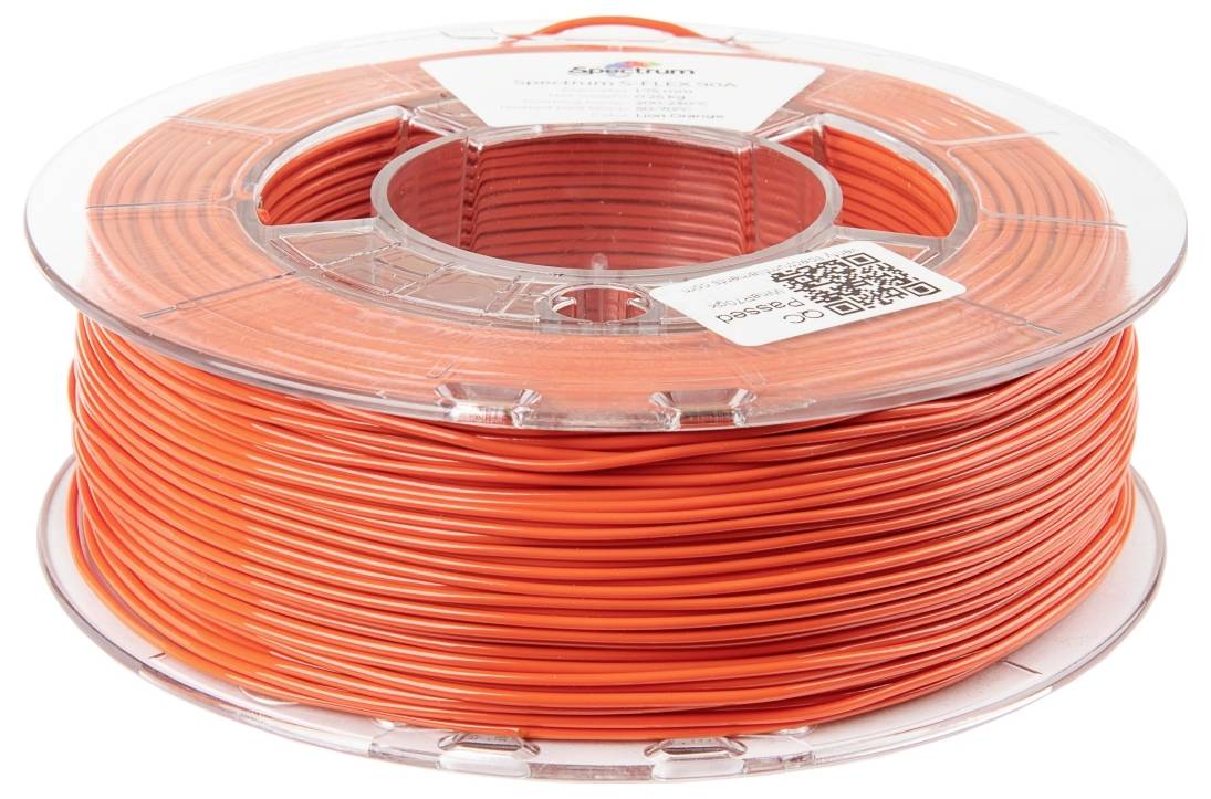 Eine Spule mit orangefarbenem 3D-Druckfilament in einer transparenten Kunststoffhülle.