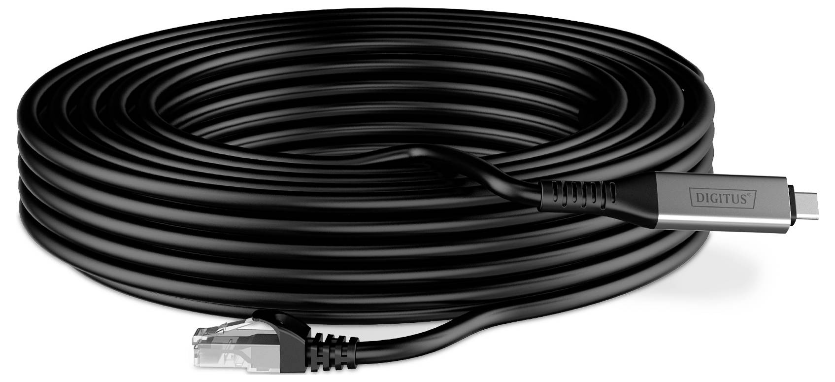 Ein spiralförmiges schwarzes Ethernet-Kabel mit einem RJ45-Stecker an einem Ende und einem USB-C-Stecker am anderen Ende, geeignet für Netzwerkverbindungen.