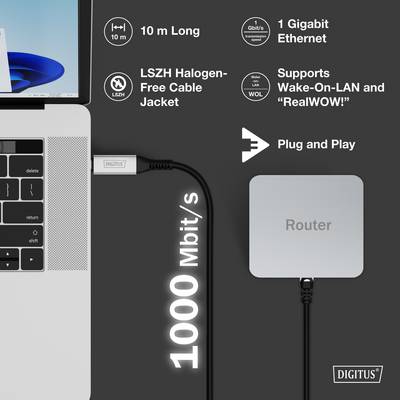 Ein Laptop, der über ein 10 Meter langes Ethernet-Kabel mit einem Router verbunden ist, mit einer Geschwindigkeit von 1 Gigabit/s, LSZH-Ummantelung und Wake-On-LAN-Funktion.