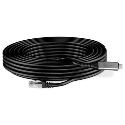Ein aufgewickeltes schwarzes Ethernet-Kabel mit Anschlüssen an beiden Enden; ein Ende ist USB-C und das andere ein RJ45-Stecker, entwickelt für Hochgeschwindigkeit-Internet.
