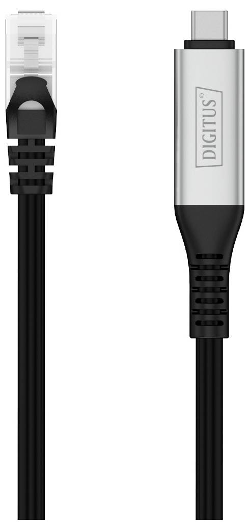 Ethernet-Kabel mit einem RJ45-Stecker an einem Ende und einem mit 'Digitus' beschrifteten USB-C-Stecker am anderen Ende, verwendet für Netzwerkverbindungen.