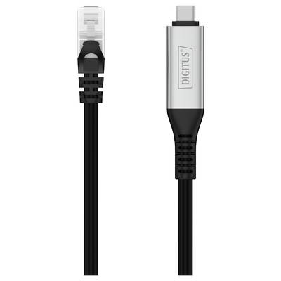 Ethernet-Kabel mit einem RJ45-Stecker an einem Ende und einem mit 'Digitus' beschrifteten USB-C-Stecker am anderen Ende, verwendet für Netzwerkverbindungen.