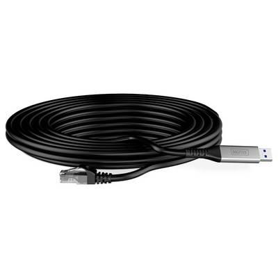 Ein gewickeltes schwarzes USB-Kabel mit einem Ethernet-Anschluss auf der einen und einem USB-Anschluss auf der anderen Seite, das zum Verbinden von Netzwerkgeräten entwickelt wurde.