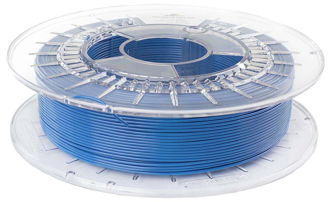 Eine transparente Kunststoffspule enthält blaues 3D-Druckerfilament, sauber aufgewickelt.