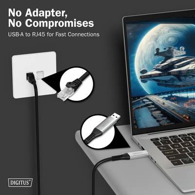 Ein Laptop verbindet sich mit einer Wandsteckdose durch ein USB- und RJ45-Kabel. Der Text lautet: "Kein Adapter, Keine Kompromisse. USB-A zu RJ45 für schnelle Verbindungen."