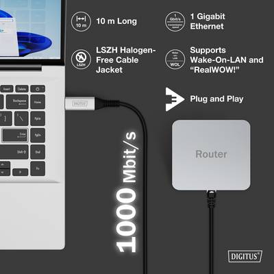 Laptop an ein Netzwerkkabel angeschlossen. Merkmale umfassen 1 Gigabit-Ethernet, 10 m Länge, LSZH-Kabel, WOL und "Plug and Play".