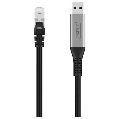 Schwarzes USB-zu-RJ45-Ethernet-Adapterkabel mit 'Digitus'-Logo auf silberfarbenem Gehäuse, verwendet zum Anschluss von Geräten an Ethernet-Netzwerke.