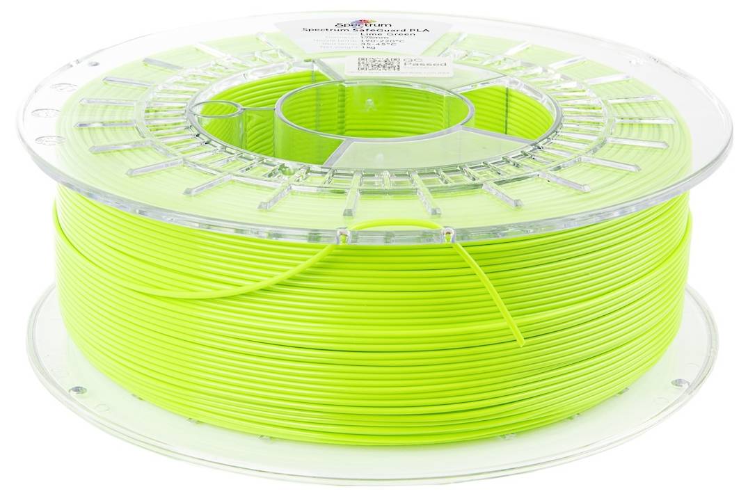 Eine Rolle Neongrün 3D-Druckfilament mit der Aufschrift „Spectrum Spool Filament PLA".