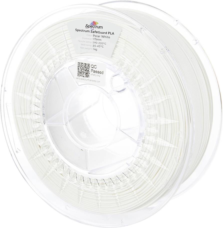 Eine transparente Kunststoffspule mit cremefarbenem 3D-Druckfilament, beschriftet mit 'Spectrum Safeguard PLA Polar White'. Enthält Temperatur- und Druckspezifikationen.