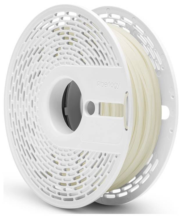 Eine Spule aus weißem 3D-Druckfilament mit einem perforierten Kunststoffrad.