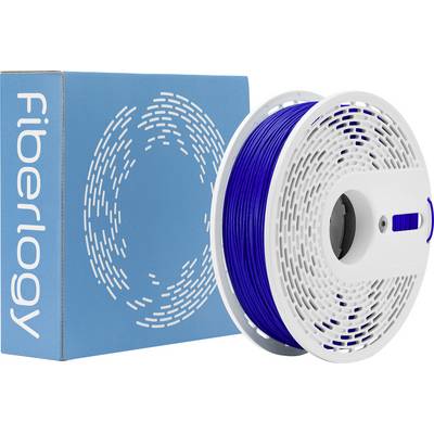 Eine Spule blauen Filaments neben einer blauen Schachtel mit der Aufschrift "Fiberlogy", die für den 3D-Druck verwendet wird.