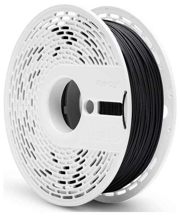 Eine Spule schwarzen 3D-Druckerfilaments von Fiberlogy, ordentlich gewickelt und vor einem einfarbigen Hintergrund platziert.