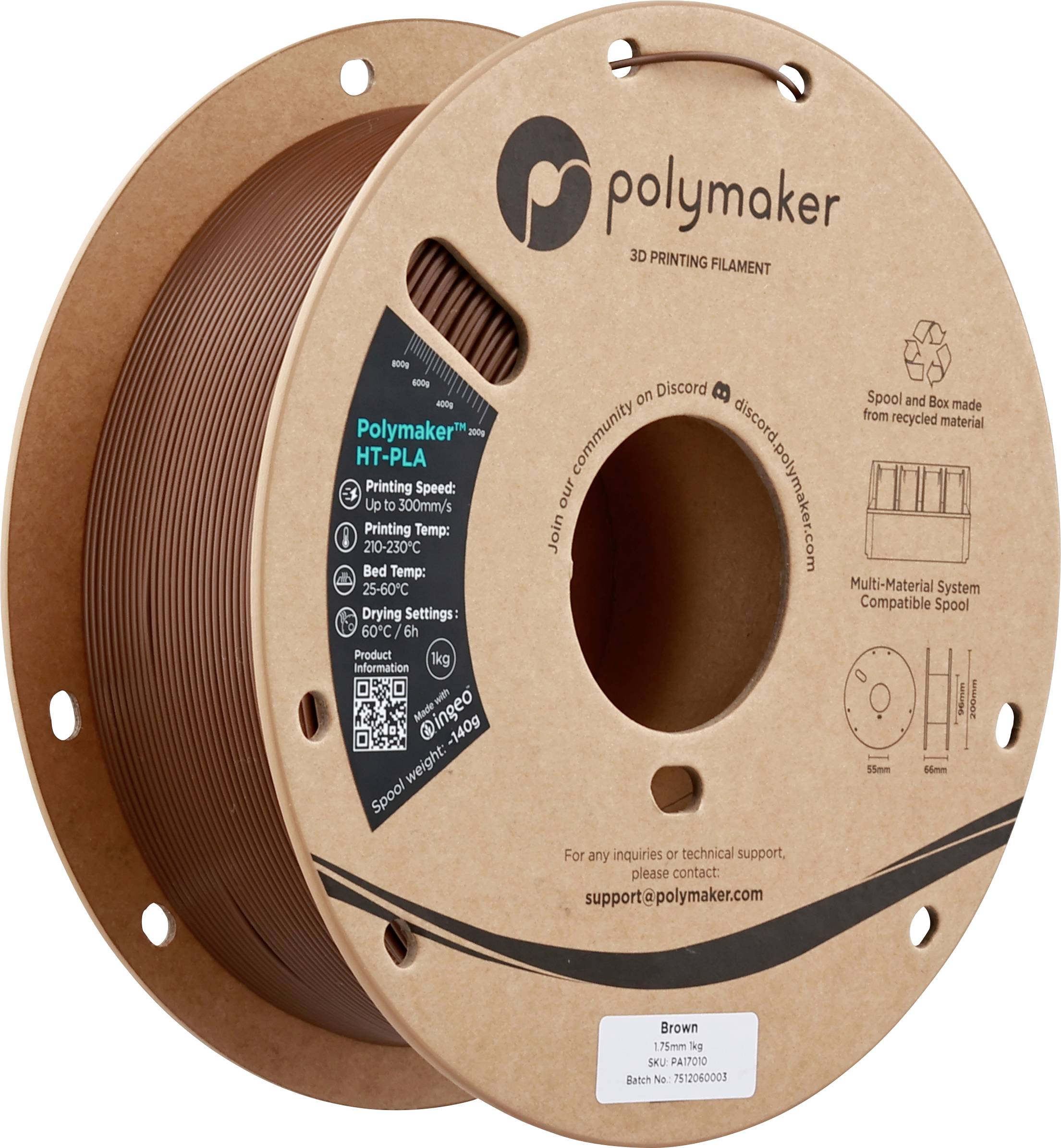Eine Spule Polymaker HT-PLA 3D-Druckfilament in Braun. Die Kartonspule hat gedruckte Details über den Filamenttyp und die Einstellungen.