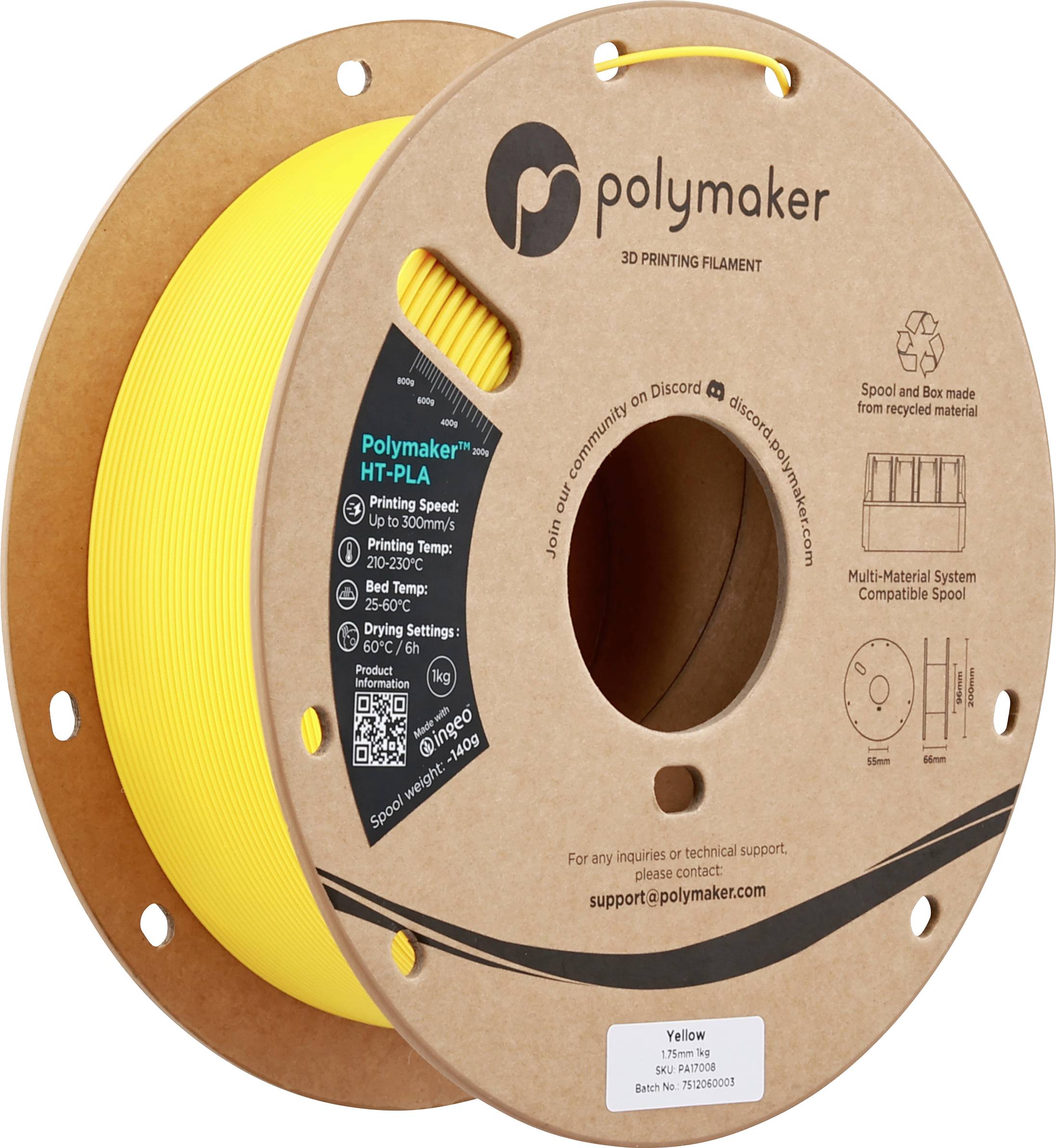 Filamentrolle mit der Bezeichnung "Polymaker" mit gelbem 3D-Druckfilament. Enthält Druckrichtlinien und Kontaktdaten für Support.