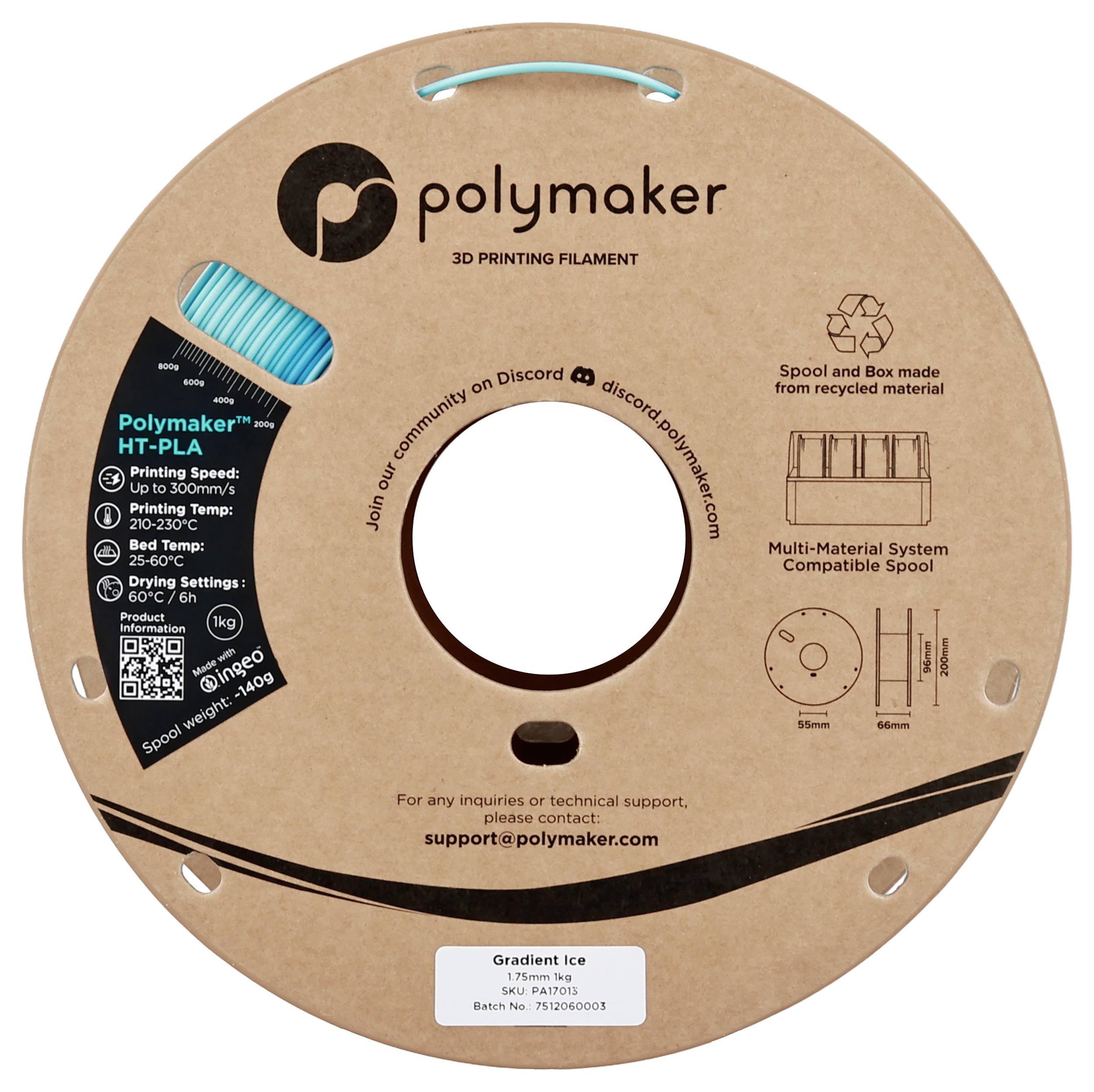 Eine runde Spule aus "Polymaker" 3D-Druckfilament, gekennzeichnet mit HT-PLA in der Farbe "Gradient Ice", hergestellt aus recyceltem Material.