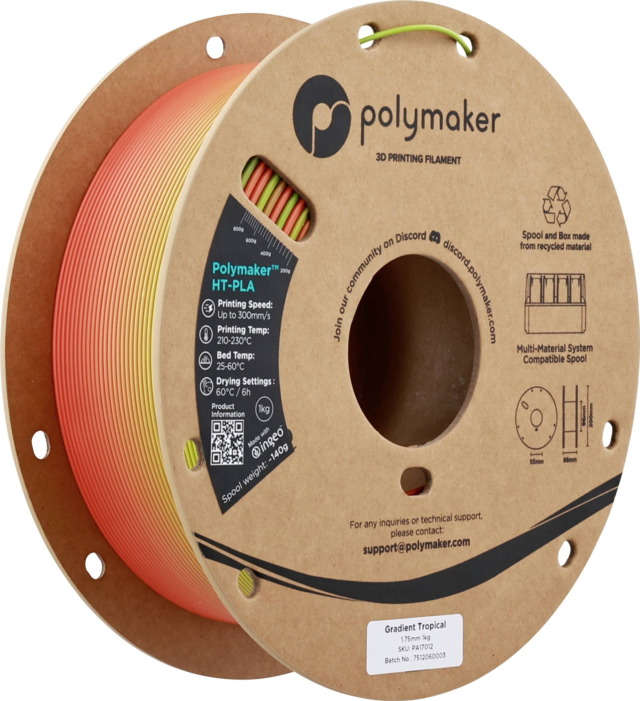 „Polymaker HT-PLA Gradient Tropical" 3D-Druck-Filamentspule mit Farbverlauf von Gelb zu Orange. Umweltfreundliche Materialkennzeichnung.