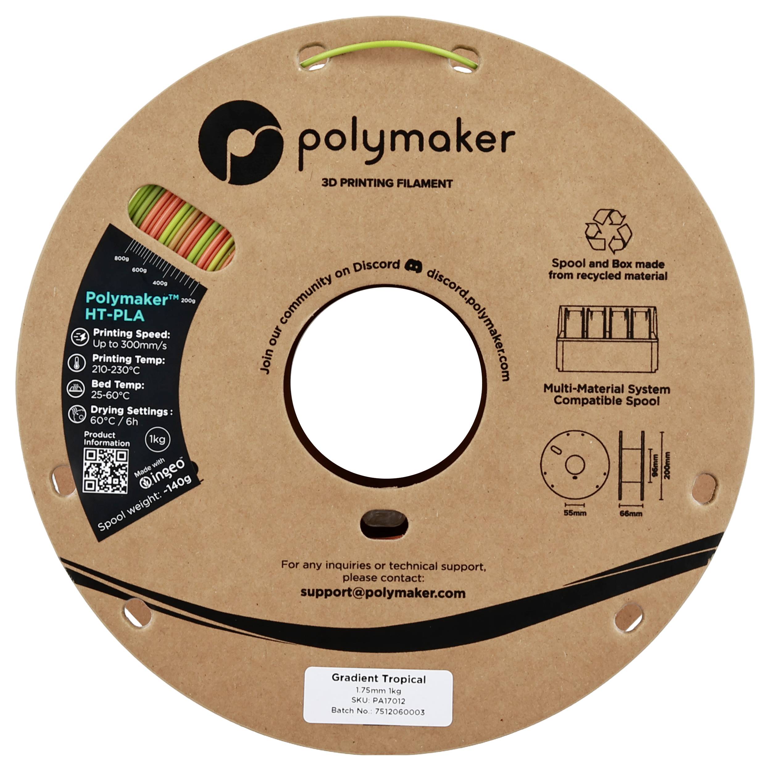 „Polymaker 3D-Druckfilament"-Spule mit „Gradient Tropical"-Farben, zeigt Extrusionstemperatur (190-230°C) und Kompatibilitätsdetails.