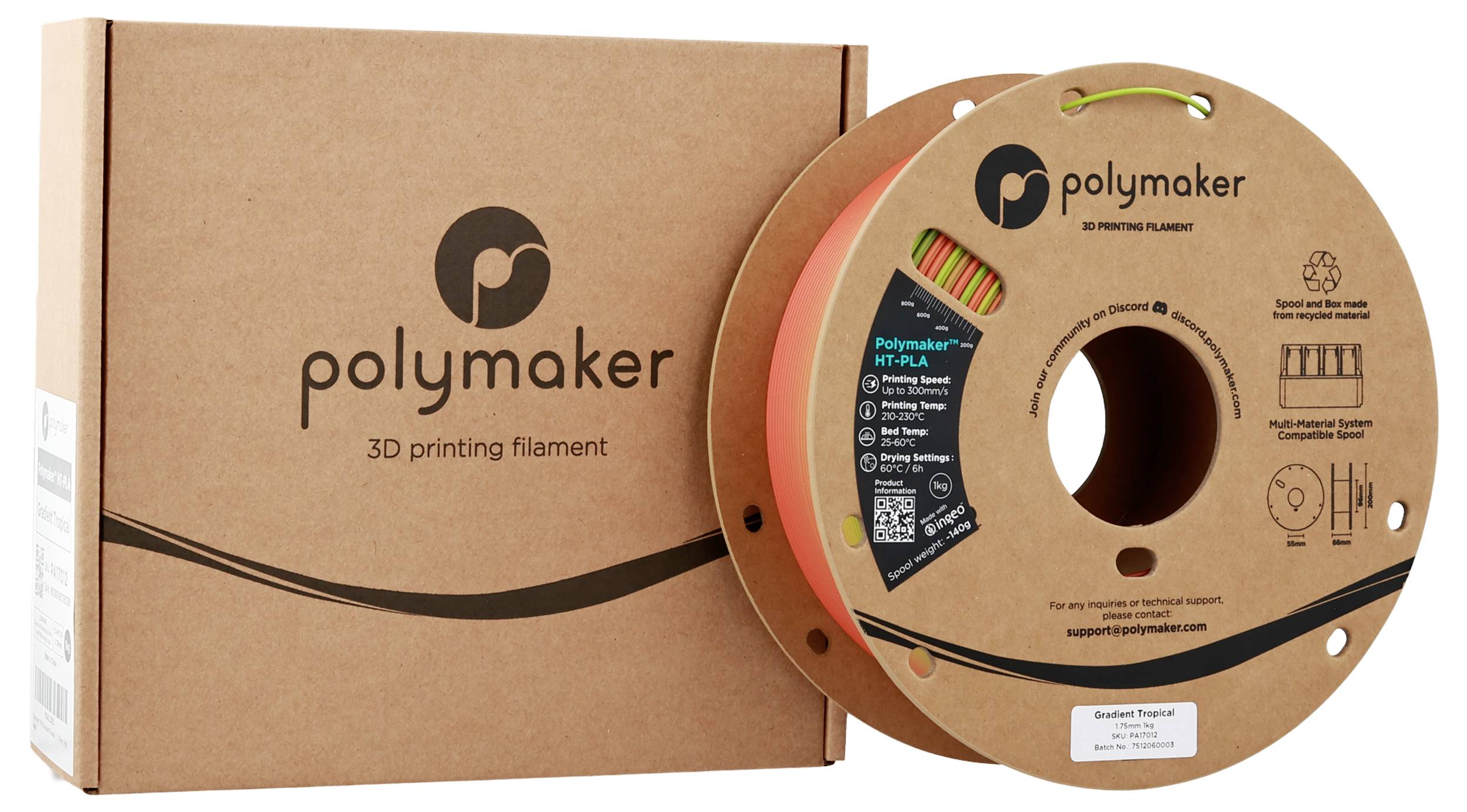 Eine Spule Polymaker 3D-Druckfilament in einer Kartonbox mit Branding und Produktdetails.