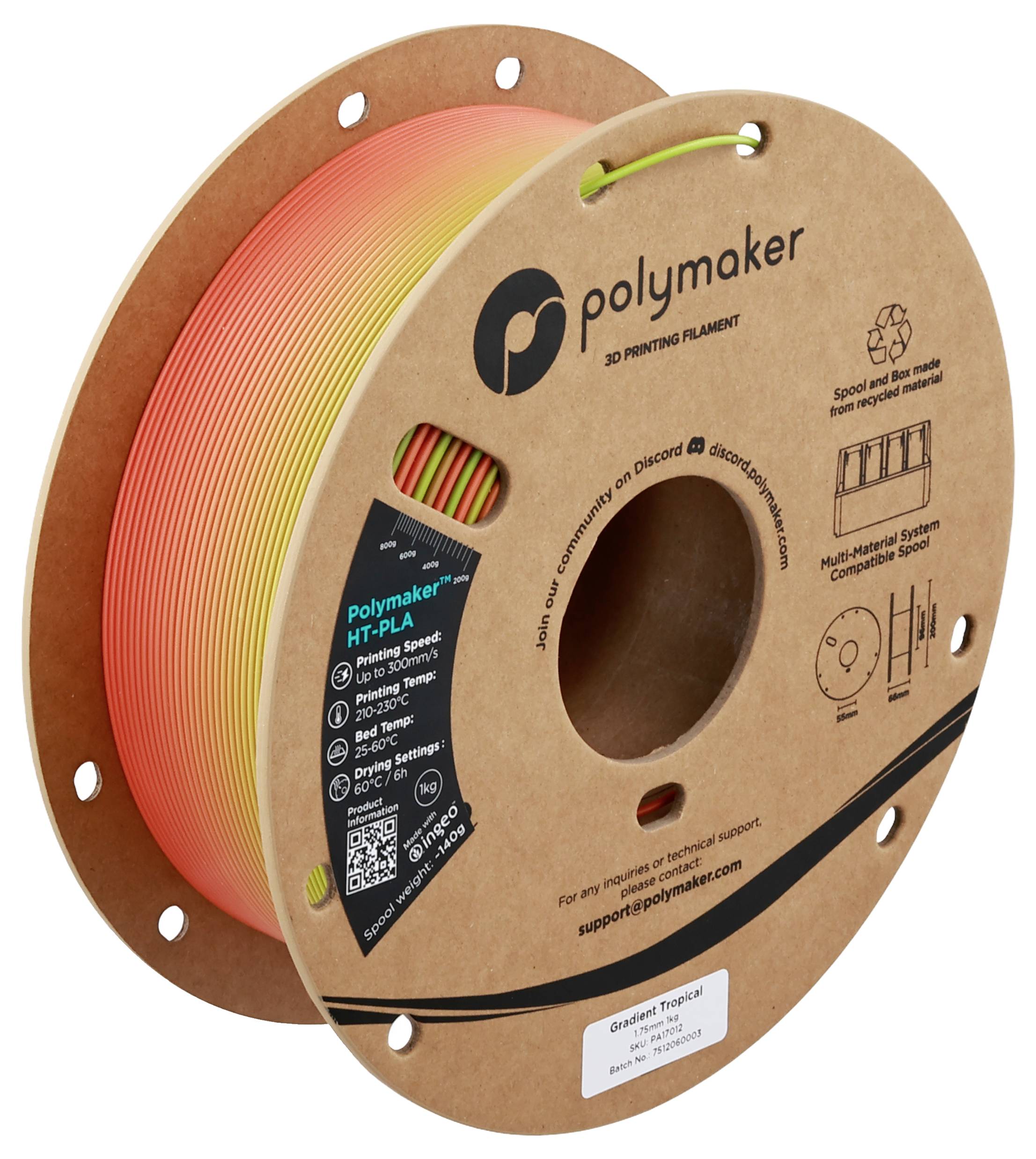 Eine Spule Polymaker 3D-Druckfilament mit der Bezeichnung „Rainbow HT-PLA", die einen Farbverlauf und technische Spezifikationen auf der Seite zeigt.