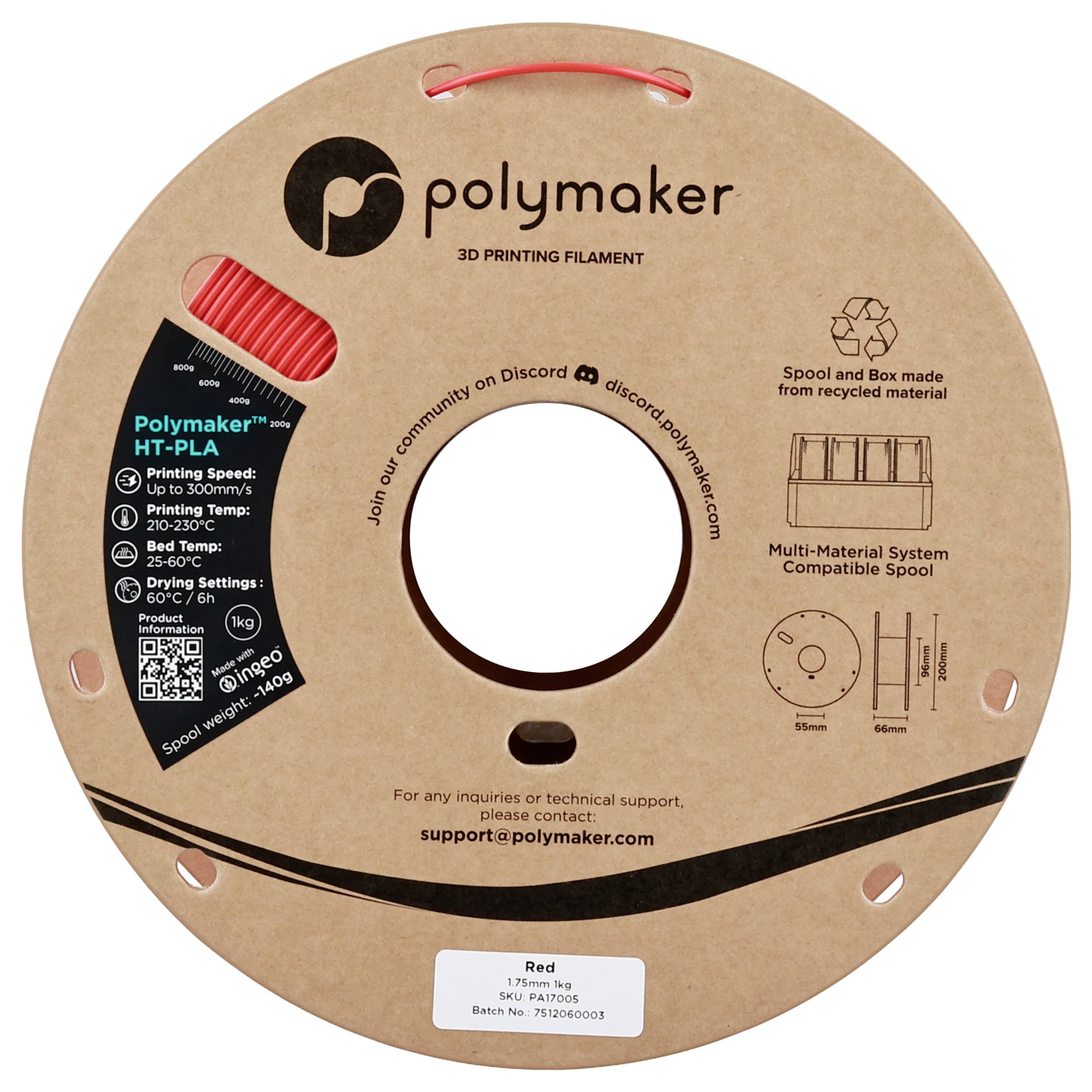 3D-Drucker-Filament-Spule mit der Bezeichnung „Polymaker PolyLite PLA Rot". Durchmesser: 1,75 mm, Gewicht: 1 kg. Kompatibel mit Multi-Material-Systemen.
