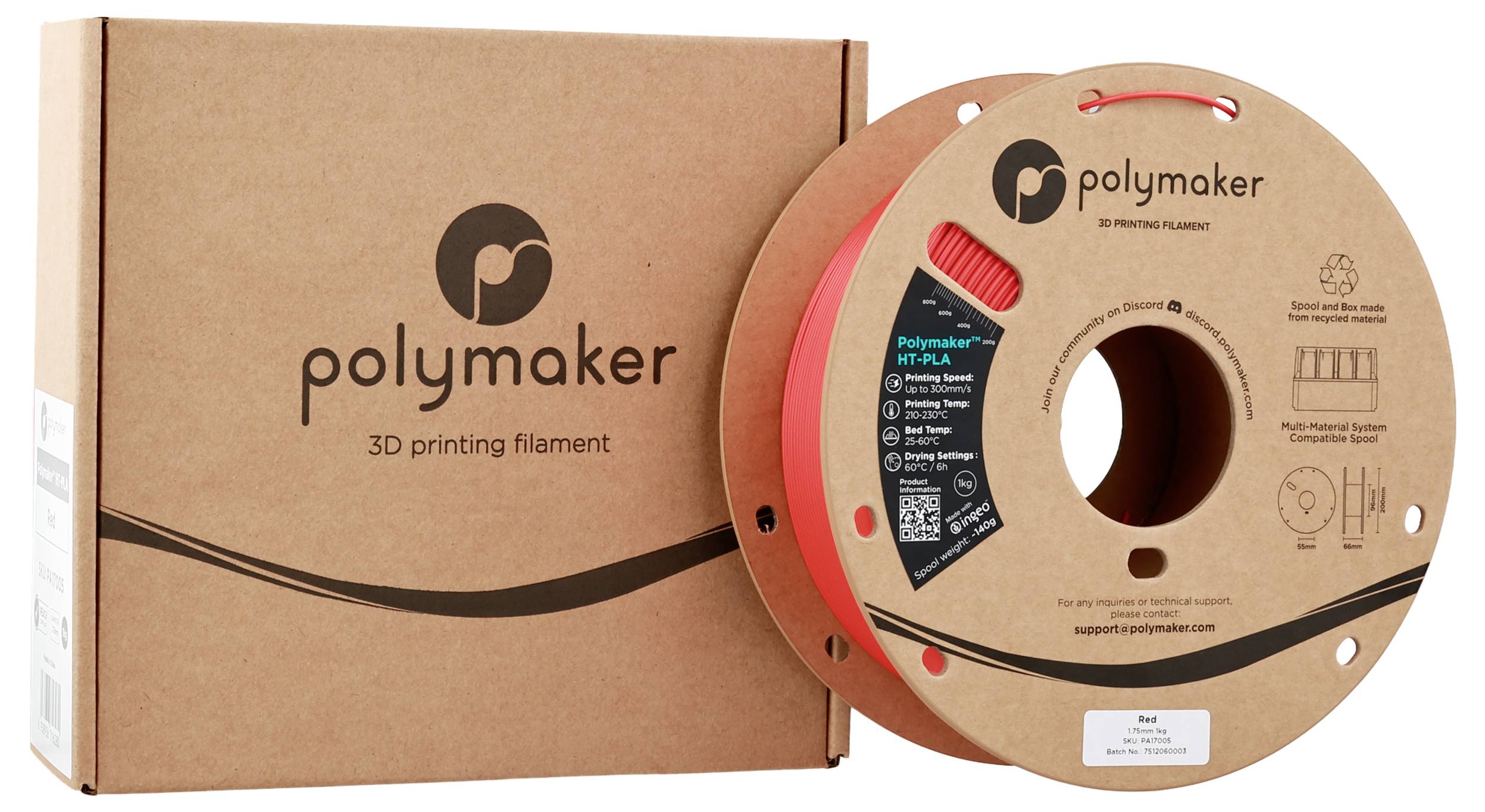 Braune Schachtel und Spule aus Polymaker 3D-Druckfilament, mit der Bezeichnung "Rot", mit Produktdetails und Firmenlogo auf der Verpackung.