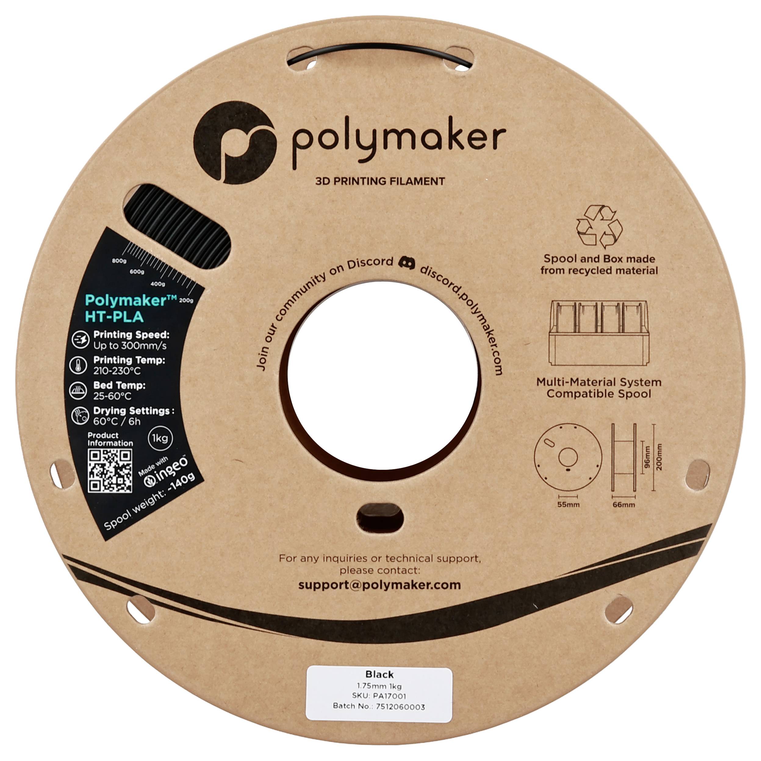 Polymaker 3D-Druckfilament-Spule; HT-PLA, Schwarz, 1,75 mm, 1000 g; Druckeinstellungen und Kontaktinformationen auf der Spule gedruckt.
