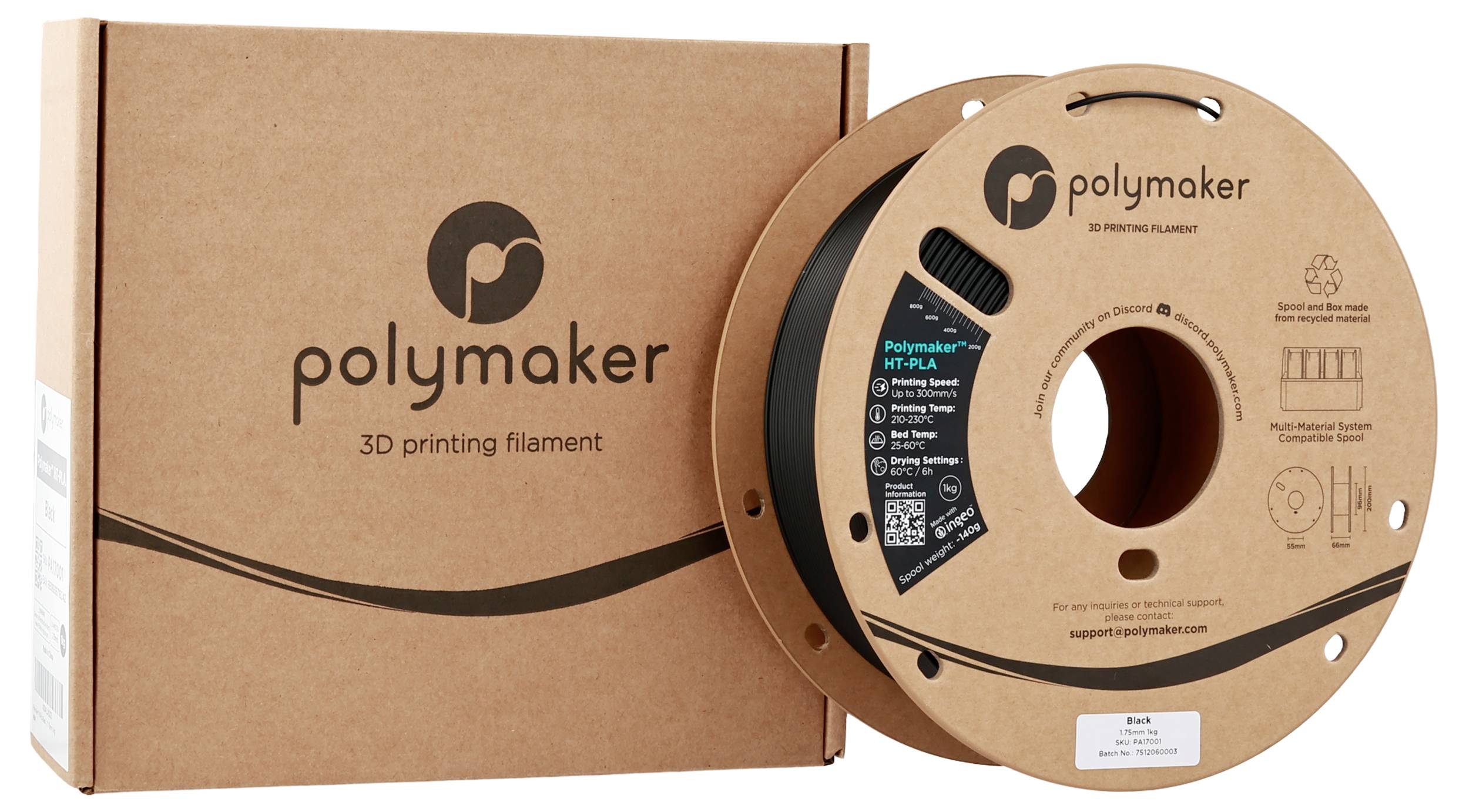 Eine Pappschachtel und eine Spule Polymaker 3D-Druckfilament mit Firmenlogo und Produktinformationen.