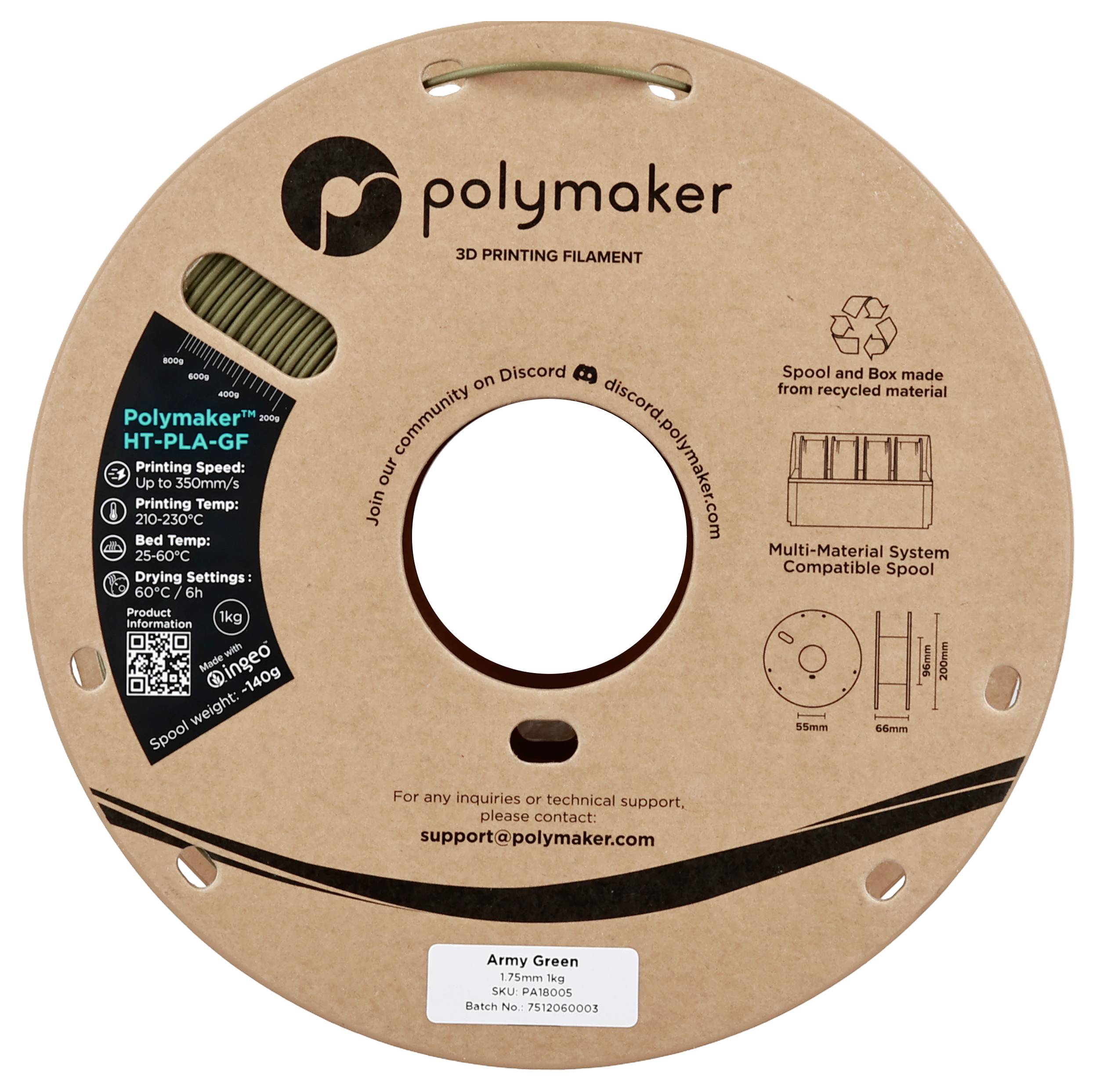 „Polymaker" Marken-3D-Druckfilament-Spule mit der Bezeichnung „Armee-Grün", kompatibel mit verschiedenen 3D-Drucksystemen.