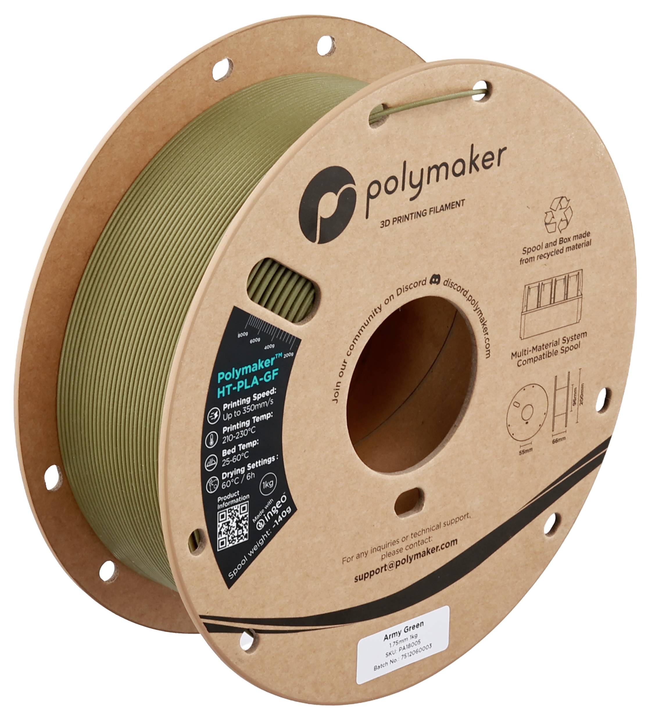 Spule Polymaker HT-PLA-GF 3D-Druckmaterial in Armee-Grün; enthält Druckeinstellungen und QR-Code für weitere Informationen.